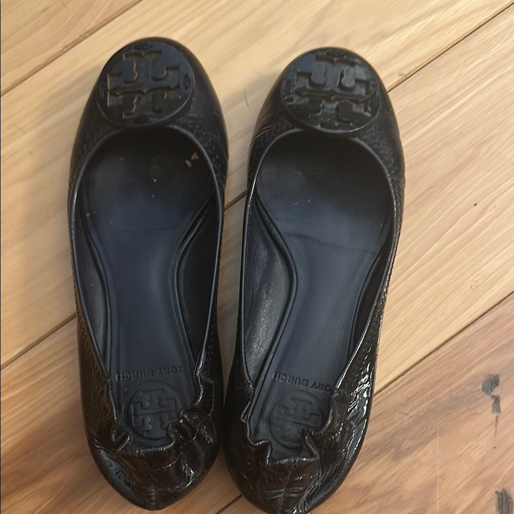 Tory Burch Navy Leather Flats with Medallion Detail